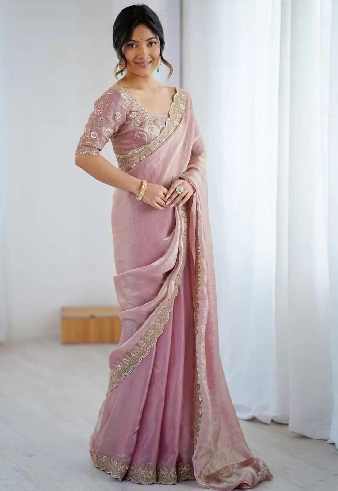 Saree For Women's Pure Soft Silk Letest New Fabric With Heavy Embroidery Threads Codding & Sequins Work Party Wedding Sadi Bollywood Wear (A3) - Image 3