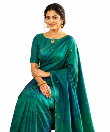 Peacock Colour Tissue Silk Saree with Gini Work Motifs for Women | Dual Tone Teal Blue & Emerald Green Saree | Unstitched Blouse Piece with Tassels