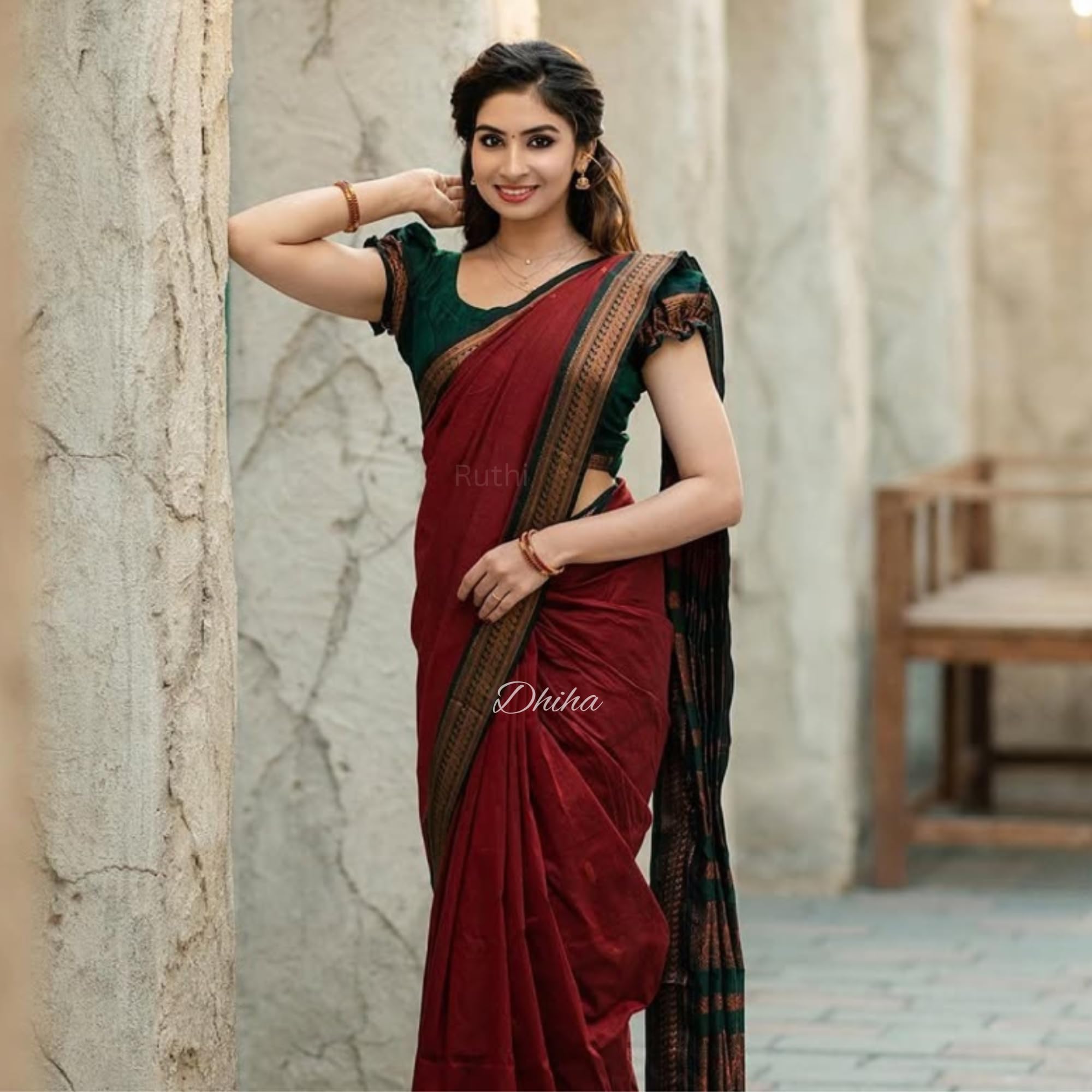 DHIHA Gadwal Cotton Saree for Women | Pure Kalyani Cotton Saree with Zari Border Tassels & Blouse | Kanjivaram Linen Silk | Handloom Weave (Red) - Image 2