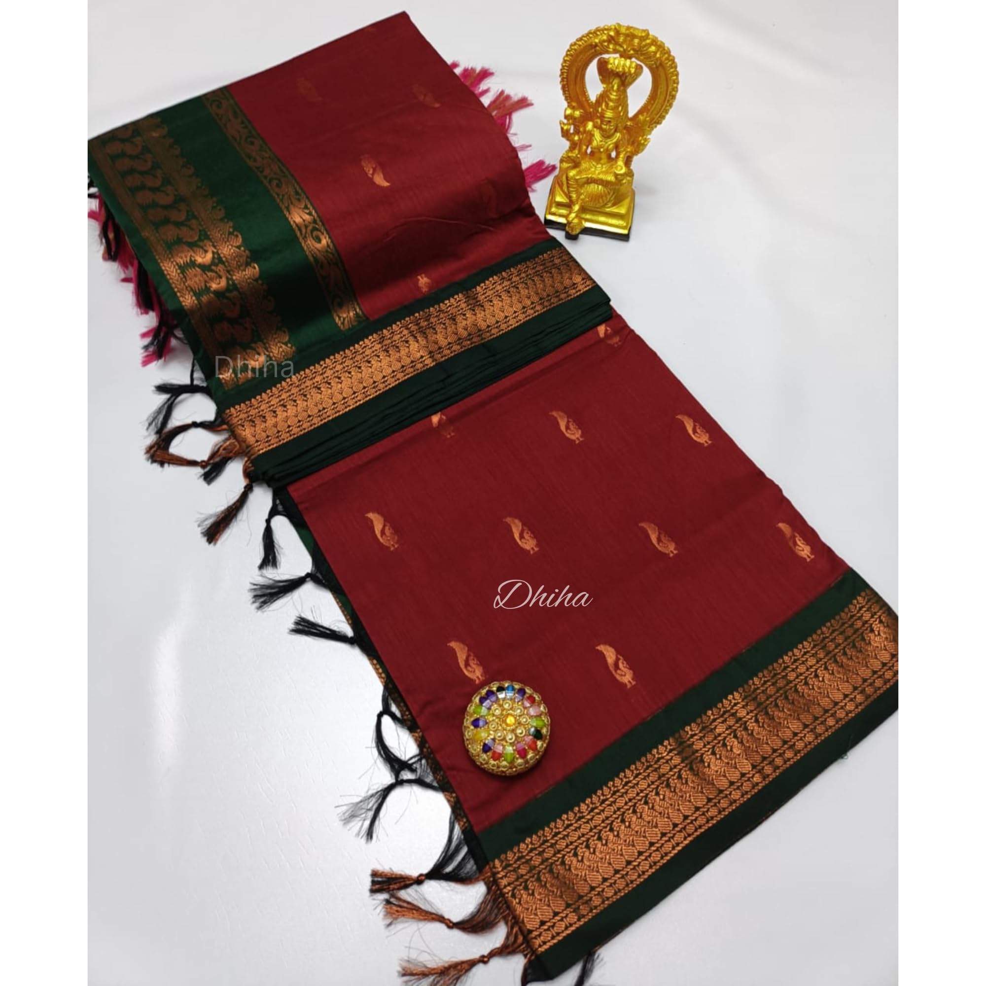 DHIHA Gadwal Cotton Saree for Women | Pure Kalyani Cotton Saree with Zari Border Tassels & Blouse | Kanjivaram Linen Silk | Handloom Weave (Red) - Image 4