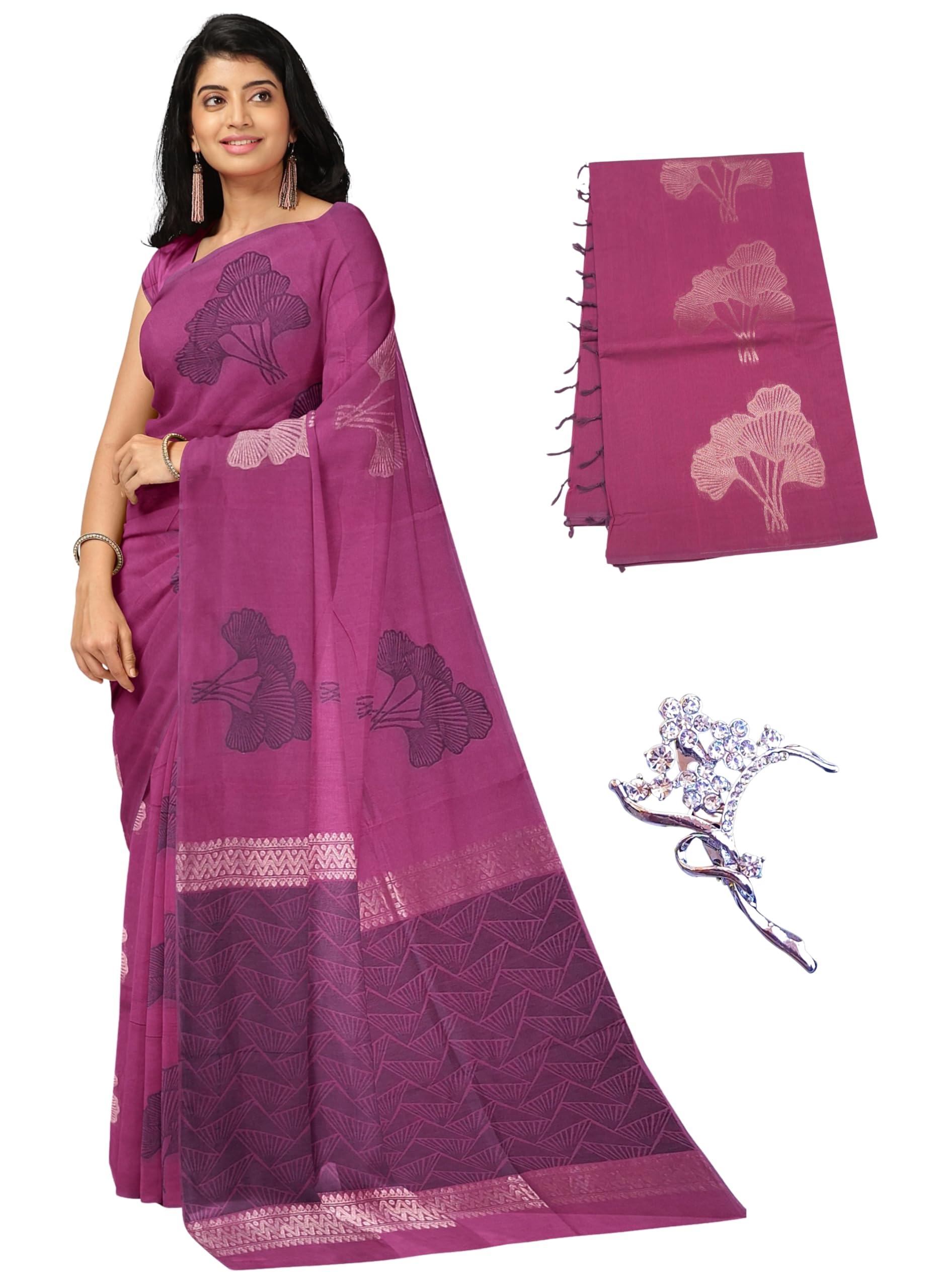 Women's Kovai Cotton Saree | Handloom Negamam Cotton Saree | Coimbatore Cotton Saree - With Blouse (Magenta)