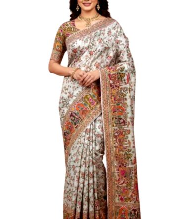 CIPS Women`s Kashmiri Pashmina Silk Sarees With zari border on Pallu - White Ele