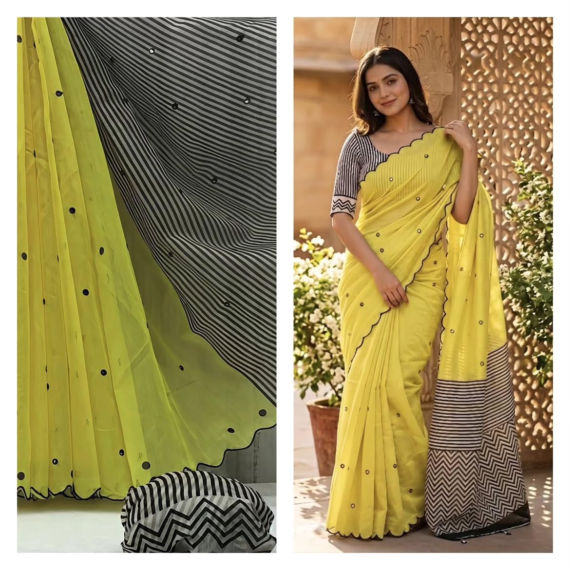 Women's Linen Cotton Saree, Yellow - Image 3