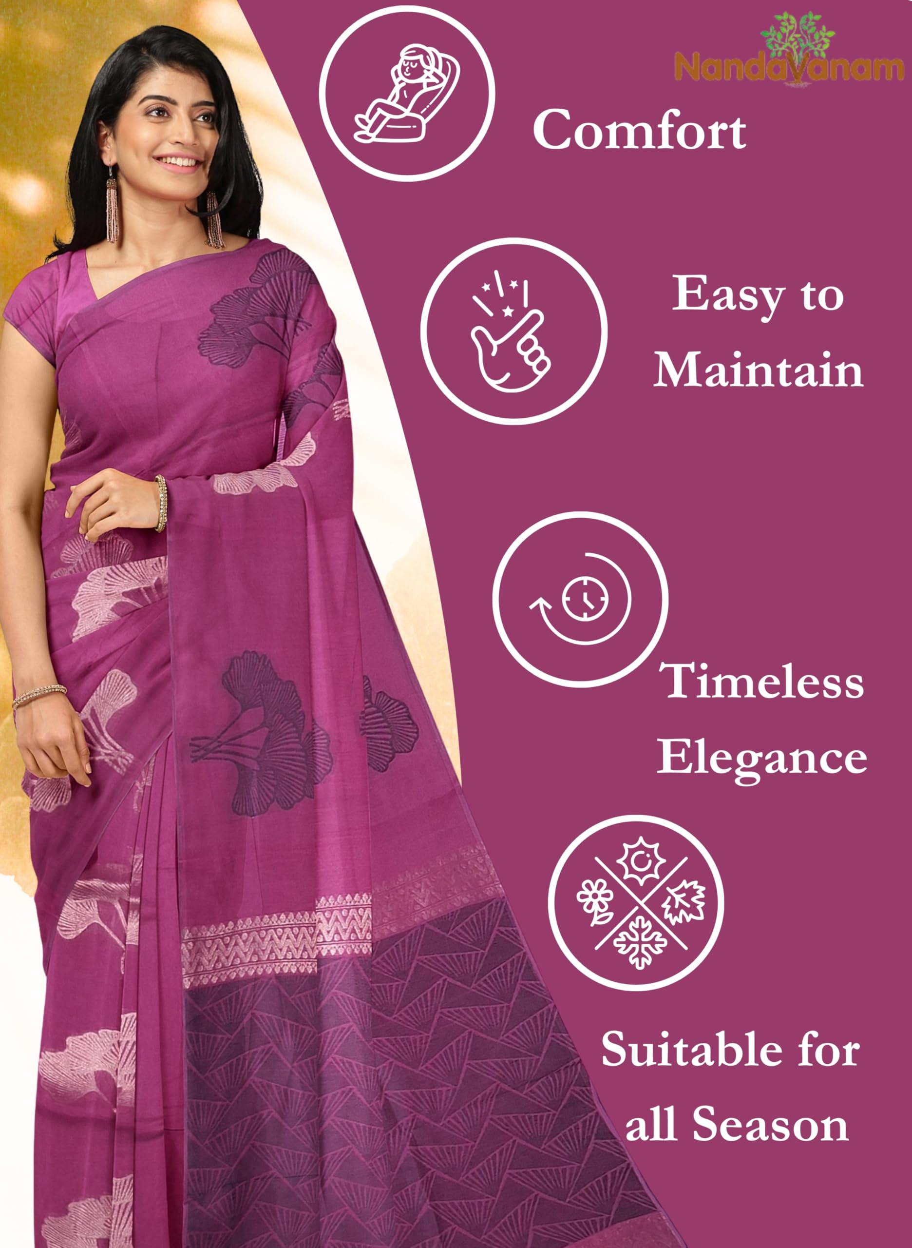 Women's Kovai Cotton Saree | Handloom Negamam Cotton Saree | Coimbatore Cotton Saree - With Blouse (Magenta) - Image 4
