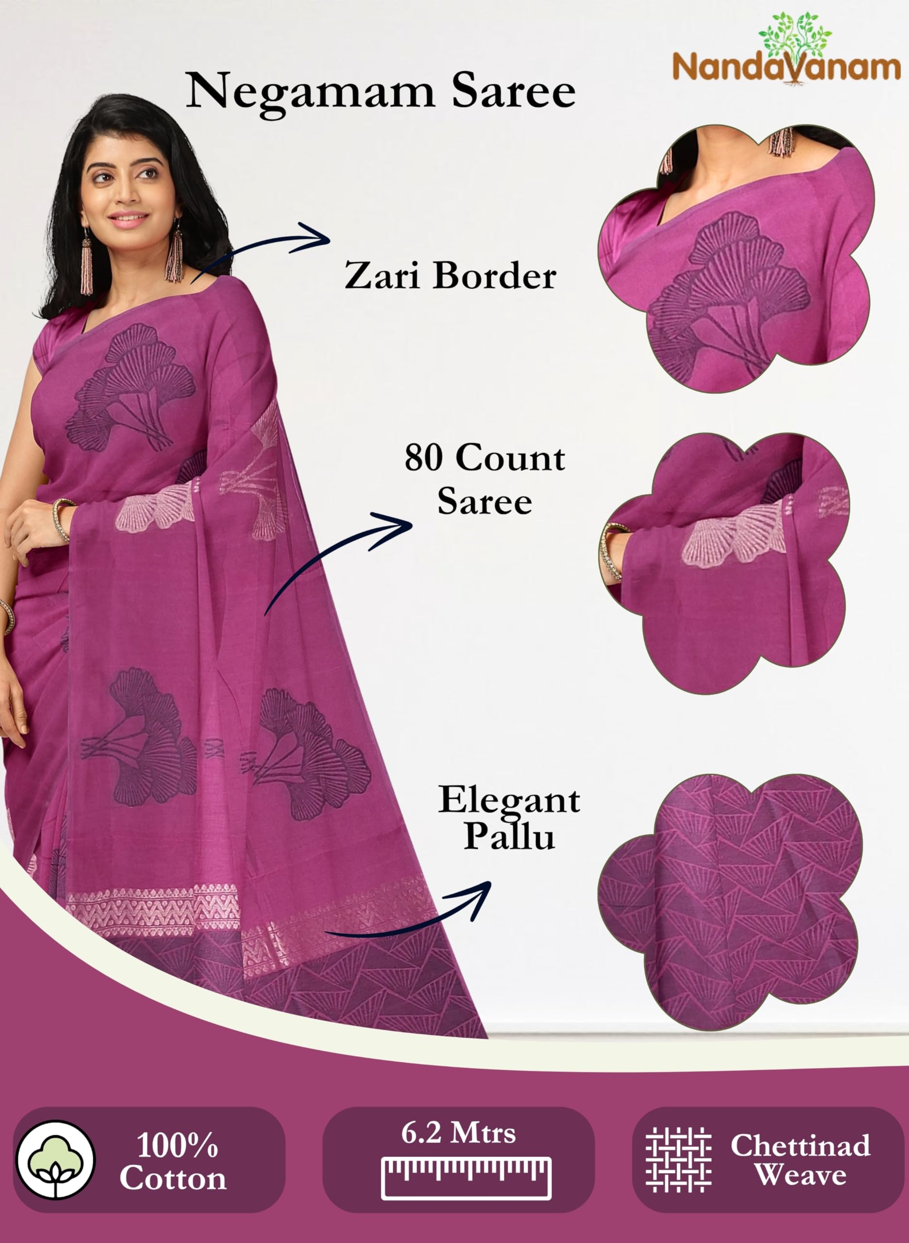 Women's Kovai Cotton Saree | Handloom Negamam Cotton Saree | Coimbatore Cotton Saree - With Blouse (Magenta) - Image 2