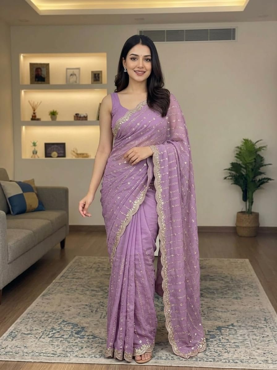 RADHA Women’s Embroidery Work Saree with Designer Border | Festive & Party (LAVENDAR) - Image 5