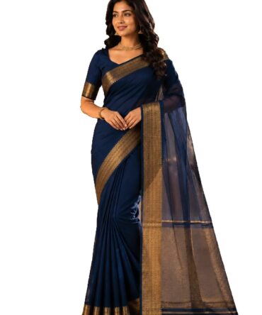 NavyBlue Solid Cotton Saree With Blouse and Zari Pallu