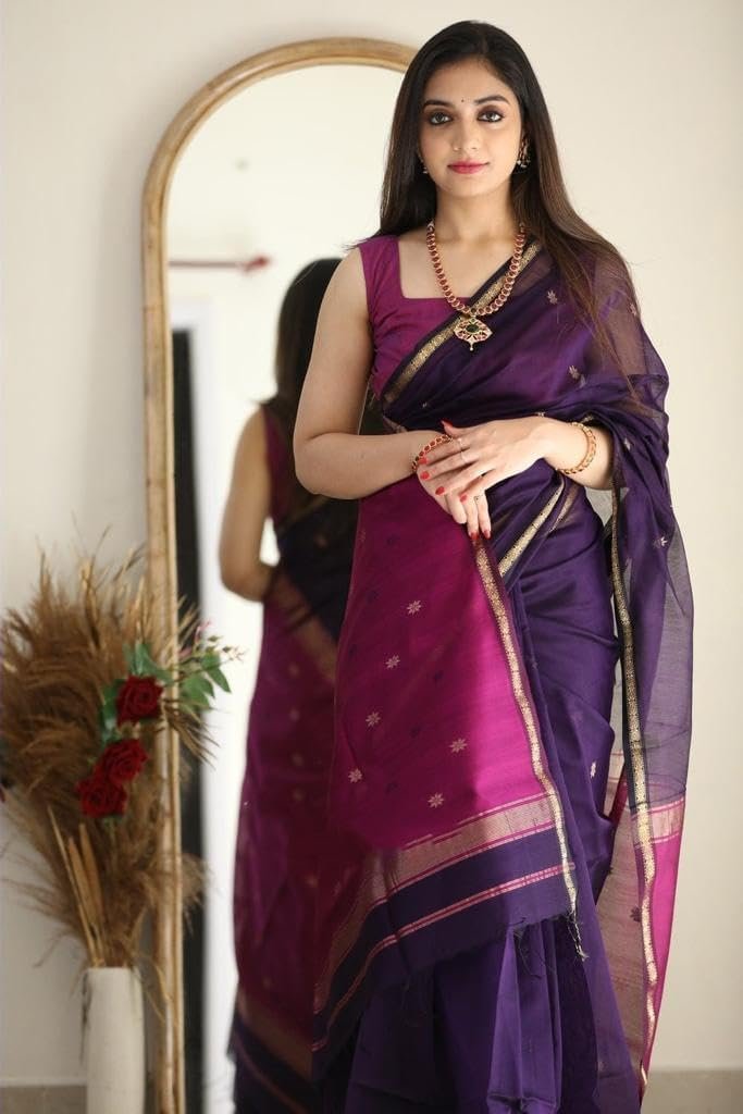Women’s Printed Banarasi Cotton Silk Saree with Gold Zari Border & Unstitched Blouse Piece – Ethnic Saree for Weddings & Festivals (Wine Pink) - Image 3