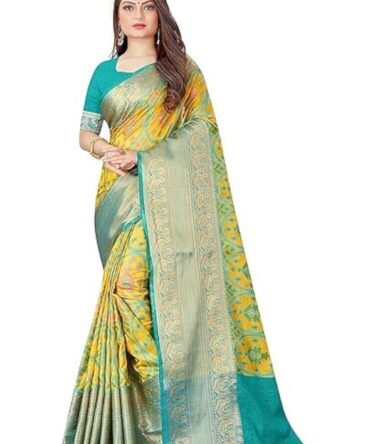 Women's kanjivaram banarasi silk saree for festival Wedding silk with rich pallu Design sarees for women with Unstitched blouse piece (YELLOW2)