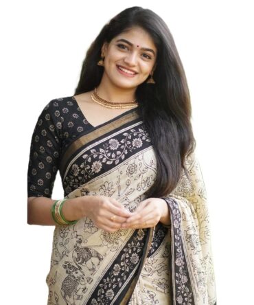 Woven Kanjivaram Printed Malmal Cotton Jari Border Saree (Available in 12 colours/designs) (Black | 4061)