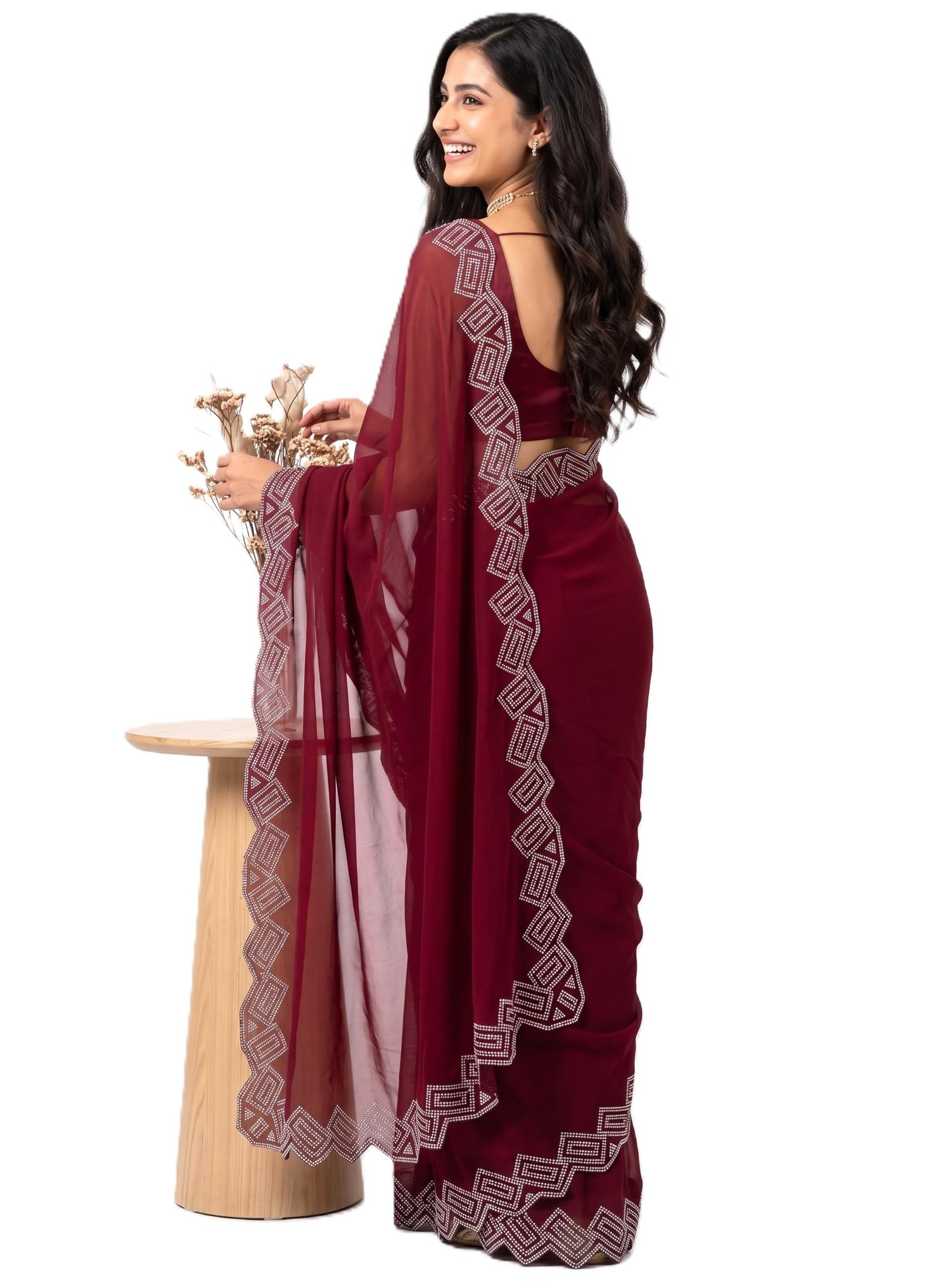 Dancing Threads georgette saree with heavy hotfix stone work on a fancy cutwork border designer sari for women festive saree for wedding (maroon) - Image 2