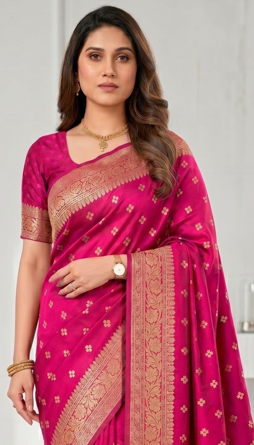 Women's Pure Kanjivaram Silk Sarees Latest Banarasi Saree For Woman Soft Sari Party Design Wear Pattu Cotton With Blouse Piece Wedding Sadi Ladies 2026 collection (Pari 160 Rani Pink) - Image 2