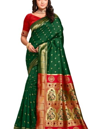 Women's Banarasi Saree Pure Kanjivaram Silk Saree Soft Design Wear Pattu Sarees Latest Cotton With Blouse Piece for Wedding sadi new ladies 2025 (Chand paithani) (Green-Red)