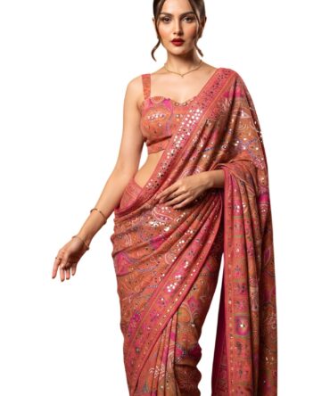 Women’s Viscose Silk Printed Saree with Original Mirror Work, Designer Ethnic Saree with Decorative Border & Rich Pallu, Unstitched Blouse Piece (LALITA - PINK)