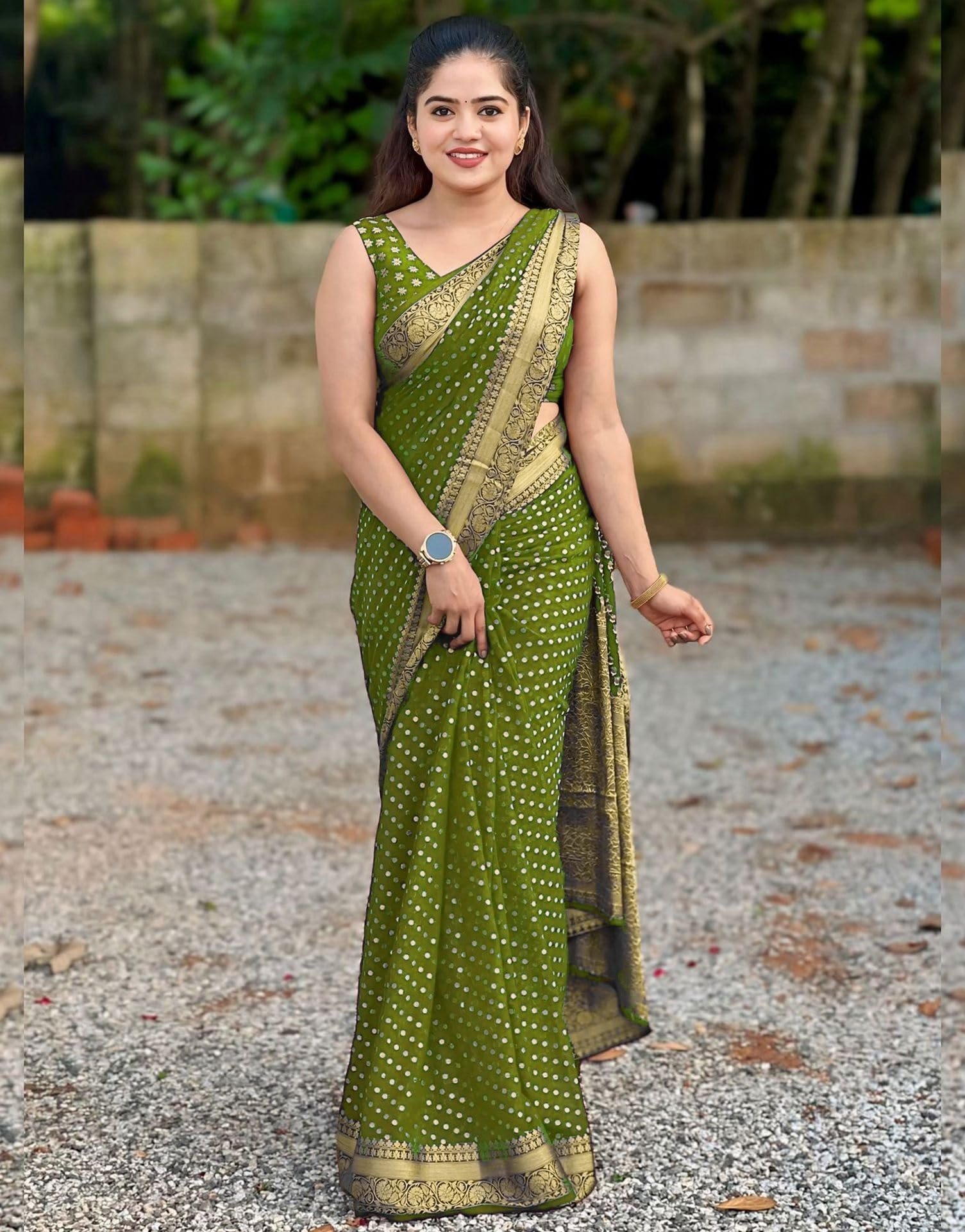 Women's Banarasi Saree Pure Kanjivaram Style Silk Saree With Blouse Piece for Wedding (MEHENDI) - Image 2