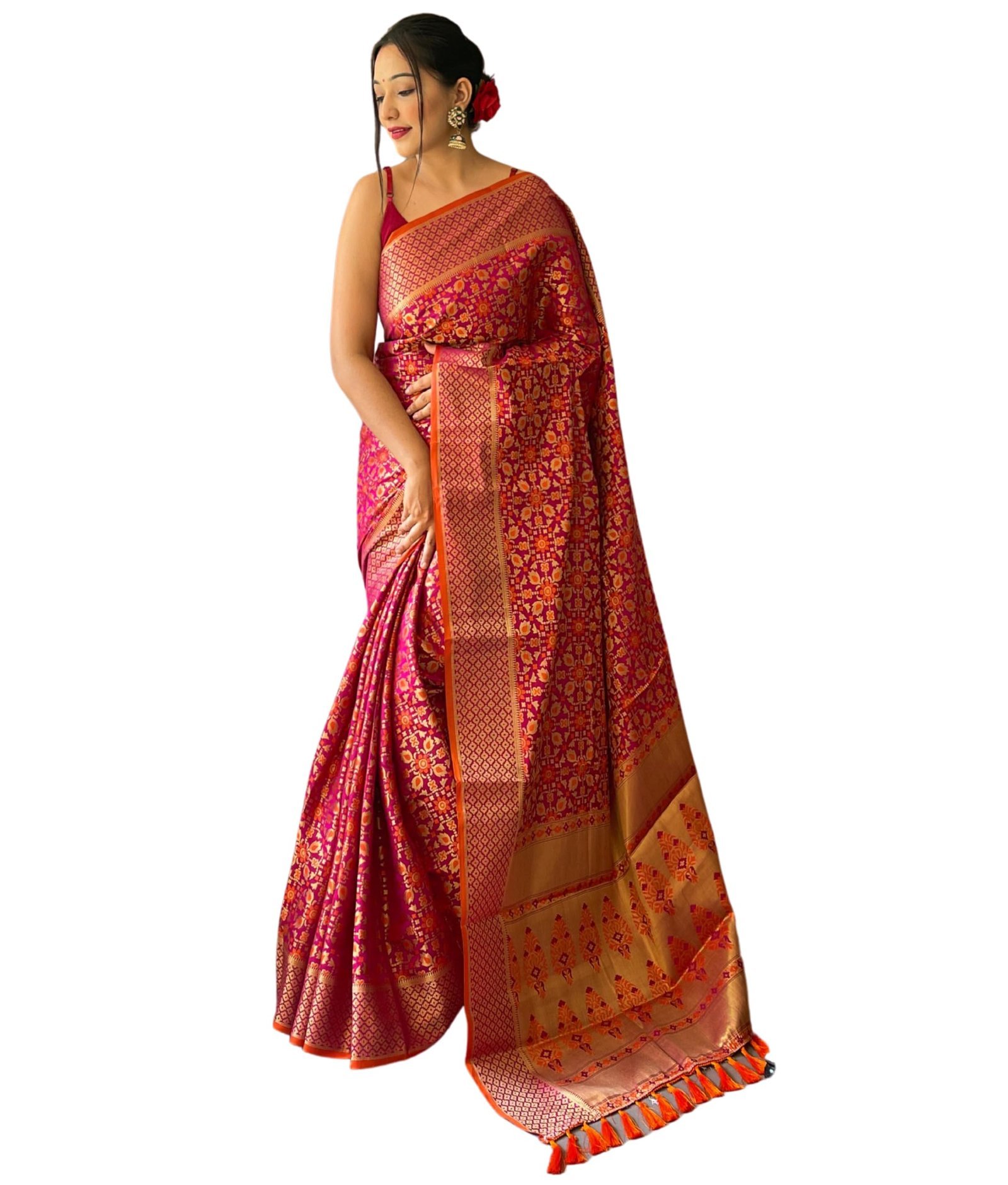 Women's Kanjivaram patola Soft Lichi Silk Sarees With Unstitched Blouse Piece (Wine/Orange)