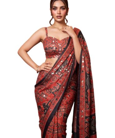 Women’s Viscose Silk Printed Saree with Original Mirror Work, Designer Ethnic Saree with Decorative Border & Rich Pallu, Unstitched Blouse Piece (MIMOSSA - RED)